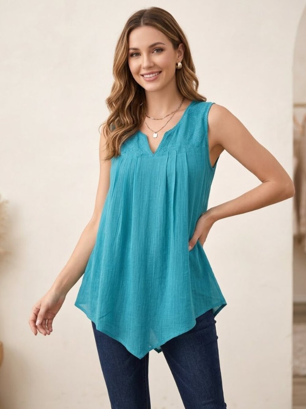Zac & Rachel Turquoise Blue Crochet Trim Handkerchief Hem Blouse Top Size S